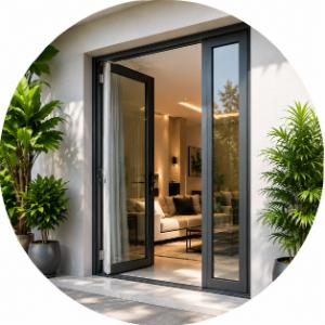 Cửa đi nhôm mở quay bền đẹp, phù hợp nhà phố hiện đại